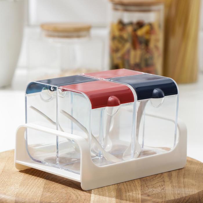 фото Банка для сыпучих продуктов, 16×10,5×10 см, 4 отделения, 4 ложки, цвет микс