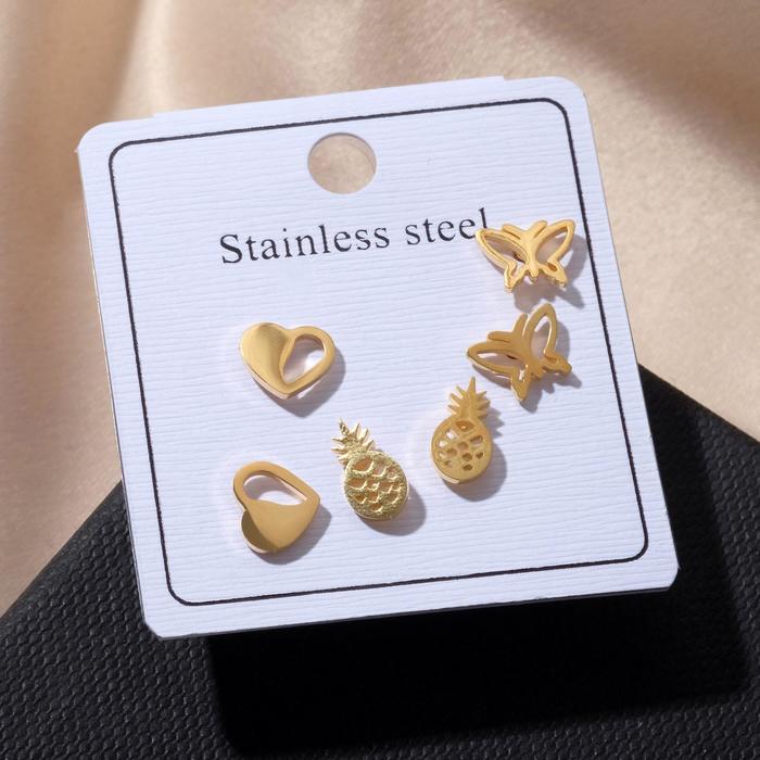 Серьги набор 3 пары "Стальные" ананасик, сердце, бабочка, цвет золото
Серьги набор 3 пары "Стальные" ананасик, сердце, бабочка, цвет золото