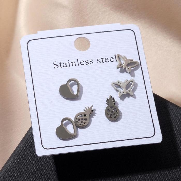Серьги набор 3 пары "Стальные" ананасик, сердце, бабочка, цвет серебро
Серьги набор 3 пары "Стальные" ананасик, сердце, бабочка, цвет серебро