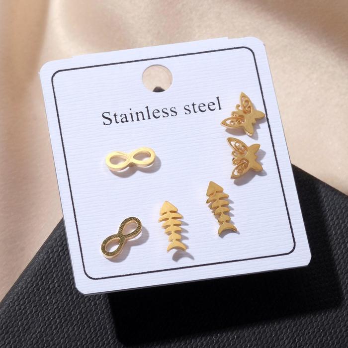 Серьги набор 3 пары "Стальные" бабочки, бесконечность, рыбка, цвет золото
Серьги набор 3 пары "Стальные" бабочки, бесконечность, рыбка, цвет золото