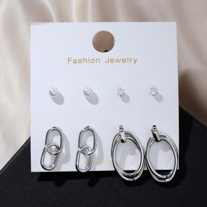 Серьги набор 4 пары "Летние истории" цепи и двойные овалы, цвет белый в серебре 
Серьги набор 4 пары "Летние истории" цепи и двойные овалы, цвет белый в серебре