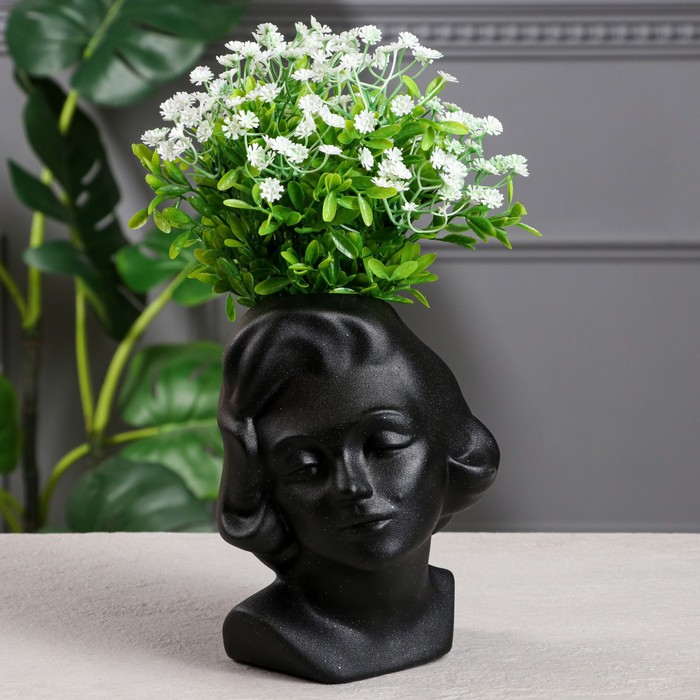 фото Органайзер-кашпо "голова девушки", черный цвет, 20 см керамика ручной работы
