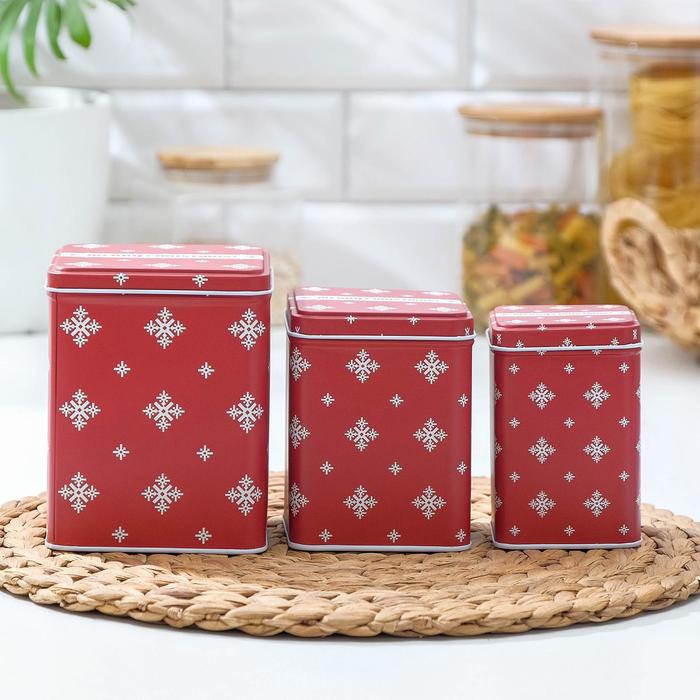 Набор банок для сыпучих продуктов «Снежинки», 10,5×13,5 см, 8,8×10,4 см, 7×10,5 см, 3 шт, цвет красный
Набор банок для сыпучих продуктов «Снежинки», 10,5×13,5 см, 8,8×10,4 см, 7×10,5 см, 3 шт, цвет красный