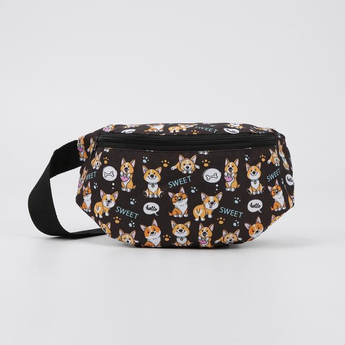фото Сумка поясная, отдел на молнии, без подклада, цвет чёрный, «корги»