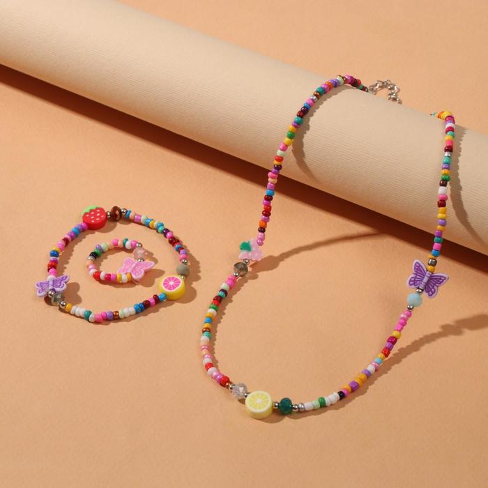 Набор 3 предмета: колье, браслет, кольцо "Бисер" фрукты и бабочки, цветной 
Набор 3 предмета: колье, браслет, кольцо "Бисер" фрукты и бабочки, цветной