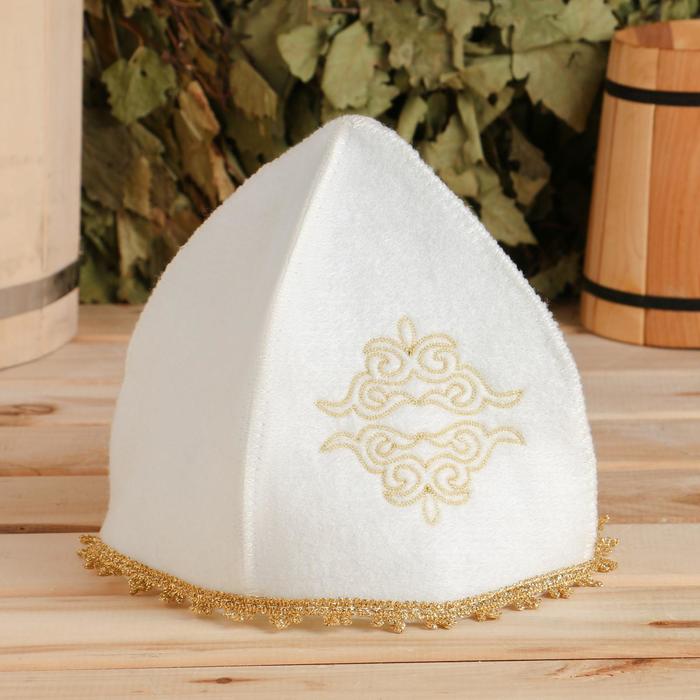 Шапка для бани с вышивкой "Казахстанский колпак женский" с золотыми узорами
Шапка для бани с вышивкой "Казахстанский колпак женский" с золотыми узорами