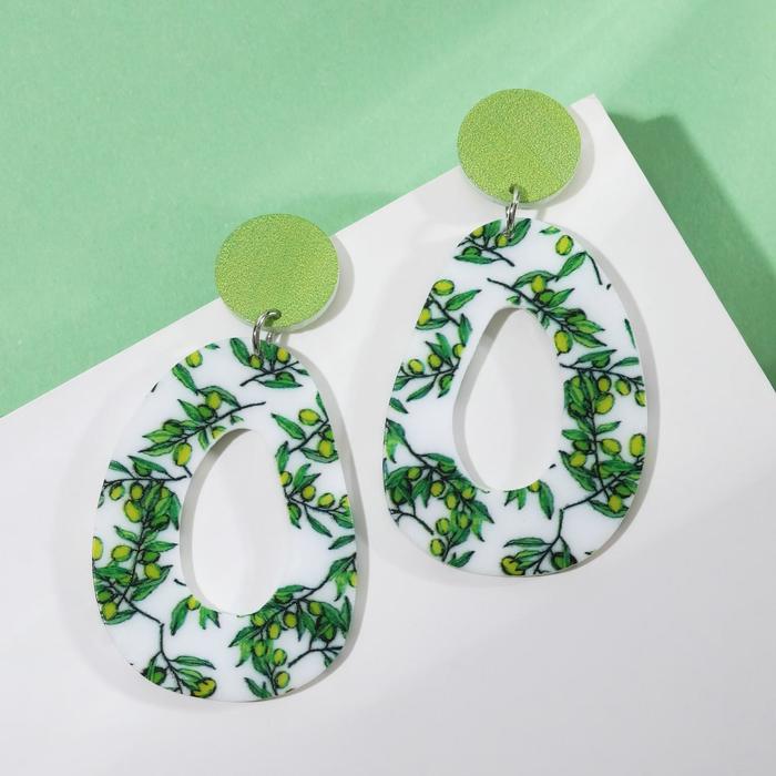 Серьги акрил "Цветущая ветвь", цвет бело-зелёный