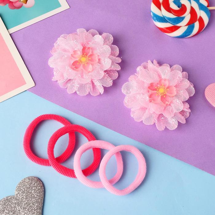 фото Набор для волос "дана" (4 резинки, 2 зажима) цветочки, 6 см, розовый