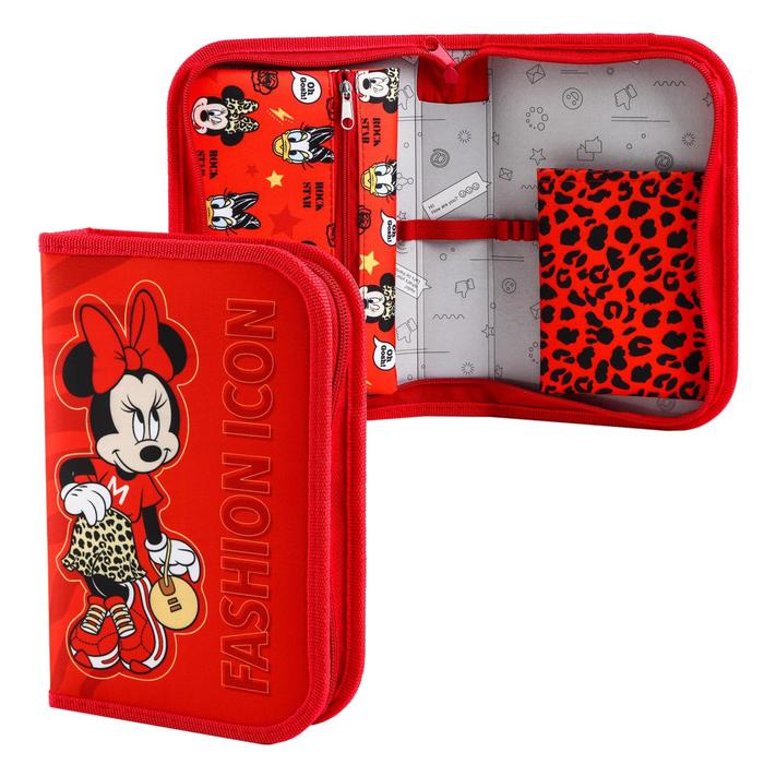 фото Пенал каркасный, 1 секция, 140х210х40 мм, откидной карман, тканевый, минни маус disney