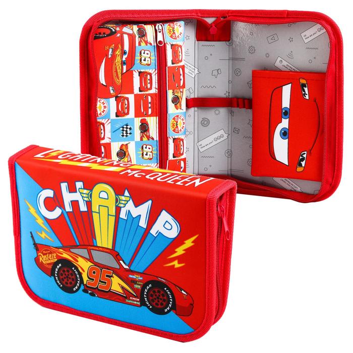 фото Пенал каркасный, 1 секция, 140х210х40 мм, откидной карман, тканевый, тачки disney