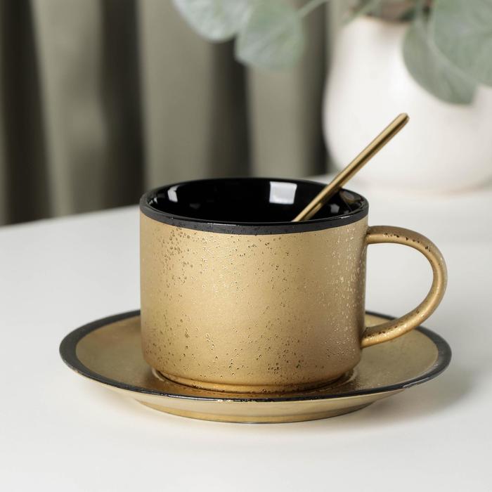 фото Чайная пара с ложкой gold, чашка 240 мл, 11,5×8,5×6,5 см, блюдце d=14,5 см