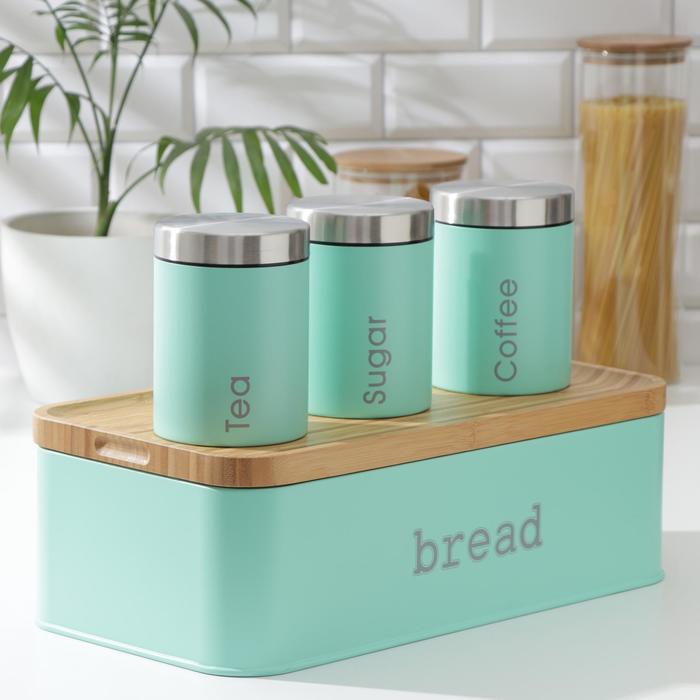 Набор банок для сыпучих продуктов Prime, 3 шт, с ложками, с хлебницей, цвет бирюзовый
Набор банок для сыпучих продуктов Prime, 3 шт, с ложками, с хлебницей, цвет бирюзовый
