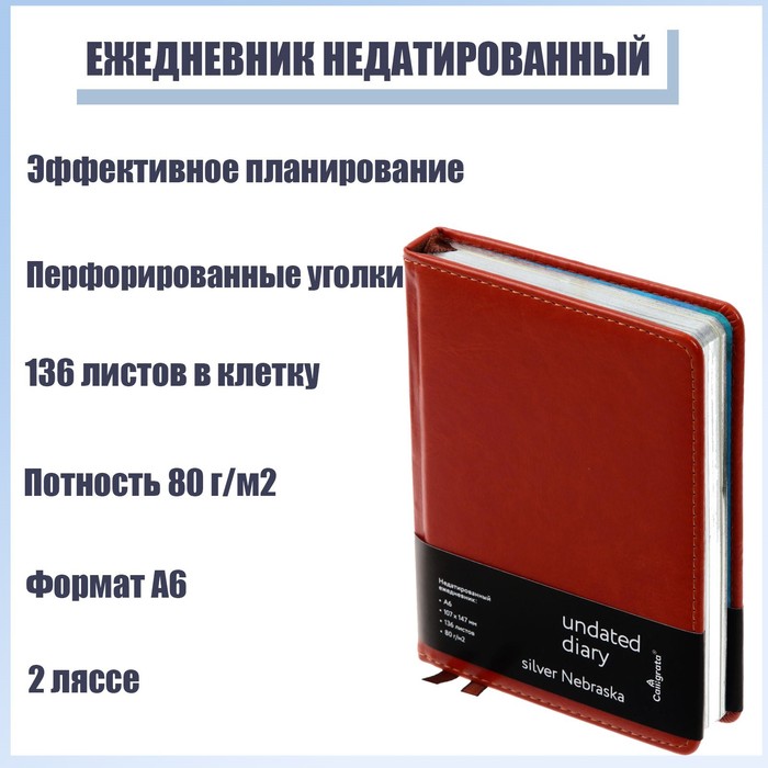 Ежедневник недатированный "Небраска" A6, 136 листов в клетку, кожзам, коричневый, серебряный срез, 2 ляссе, перфорированные уголки 
Ежедневник недатированный "Небраска" A6, 136 листов в клетку, кожзам, коричневый, серебряный срез, 2 ляссе, перфорированные уголки