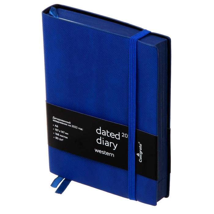 Ежедневник 2022 г, формат A6, 168 листов в линейку, кожзам синий "Western", синий срез, с резинкой, 2 ляссе, перфорированные уголки
Ежедневник 2022 г, формат A6, 168 листов в линейку, кожзам синий "Western", синий срез, с резинкой, 2 ляссе, перфорированные уголки