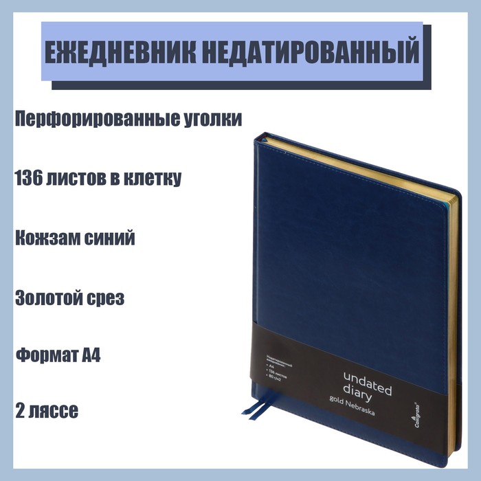 Ежедневник недатированный "Небраска" A4, 136 листов в клетку, кожзам синий, золотой срез, 2 ляссе, перфорированные уголки
Ежедневник недатированный "Небраска" A4, 136 листов в клетку, кожзам синий, золотой срез, 2 ляссе, перфорированные уголки