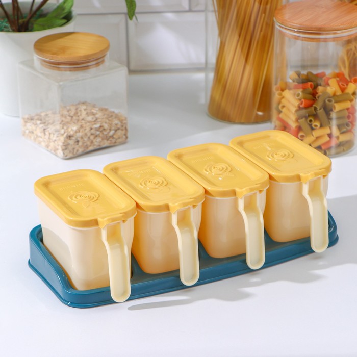 фото Набор банок для сыпучих продуктов, 4 шт, на подставке, 29,5×11,5×9 см, 4 ложки, цвет микс