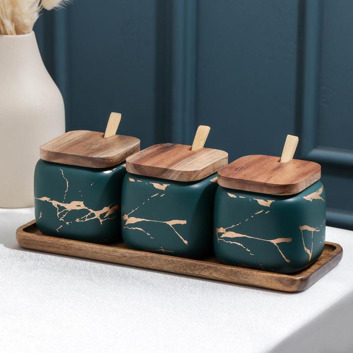 Набор банок на деревянной подставке «Эстет.Gold», 3 банки, 400 мл, 9×8 см, 3 ложки, цв зелёный
Набор банок на деревянной подставке «Эстет.Gold», 3 банки, 400 мл, 9×8 см, 3 ложки, цв зелёный