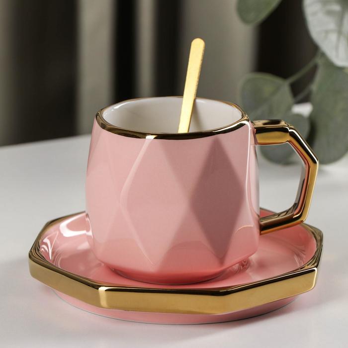 фото Чайная пара с ложкой «принцесса», чашка 280 мл, блюдце d=14 см, цвет розовый
