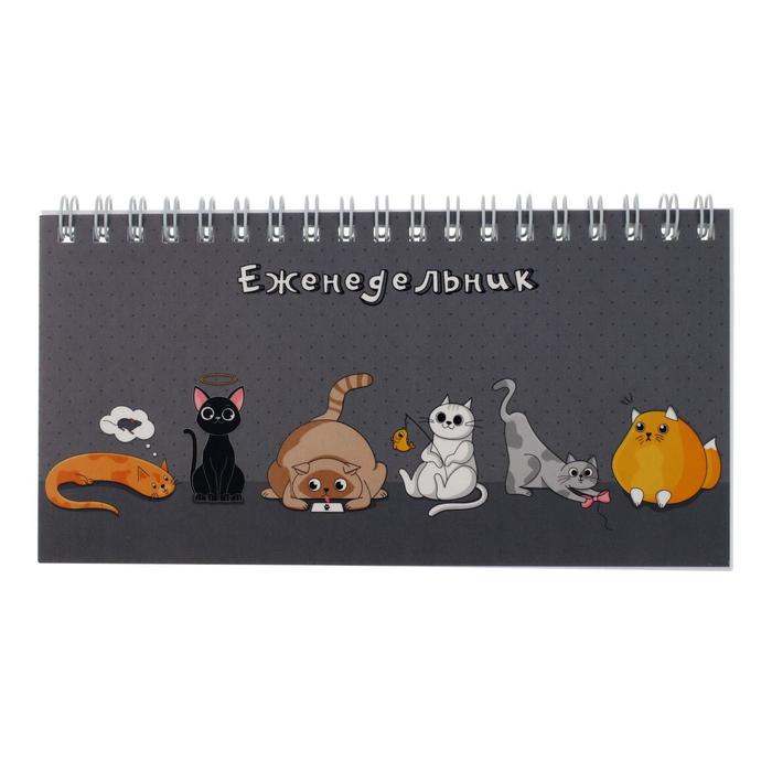 Еженедельник недатированный 165 х 85 мм, 64 листа на гребне "Коты -мечтатели", матовая ламинация, выборочный УФ-лак, блок 65г/м2