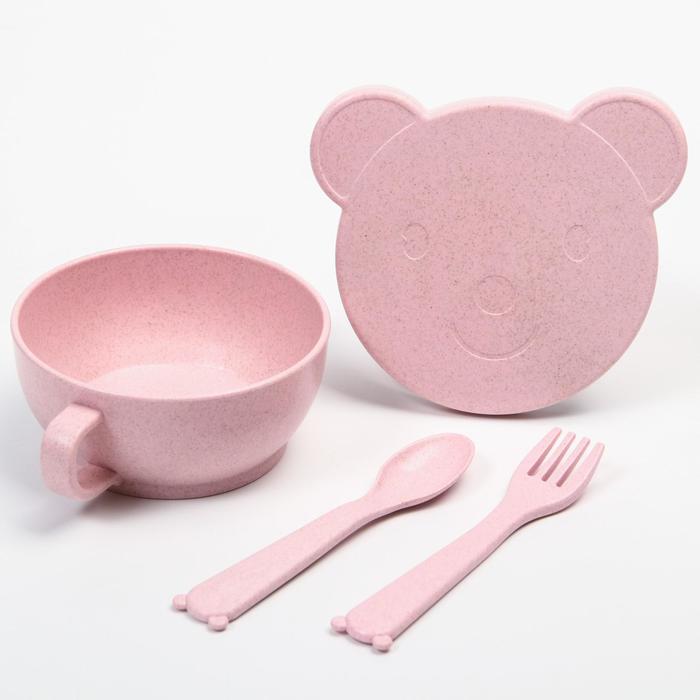 фото Набор детской эко посуды: миска с крышкой, ложка и вилка, цвет розовый little angel