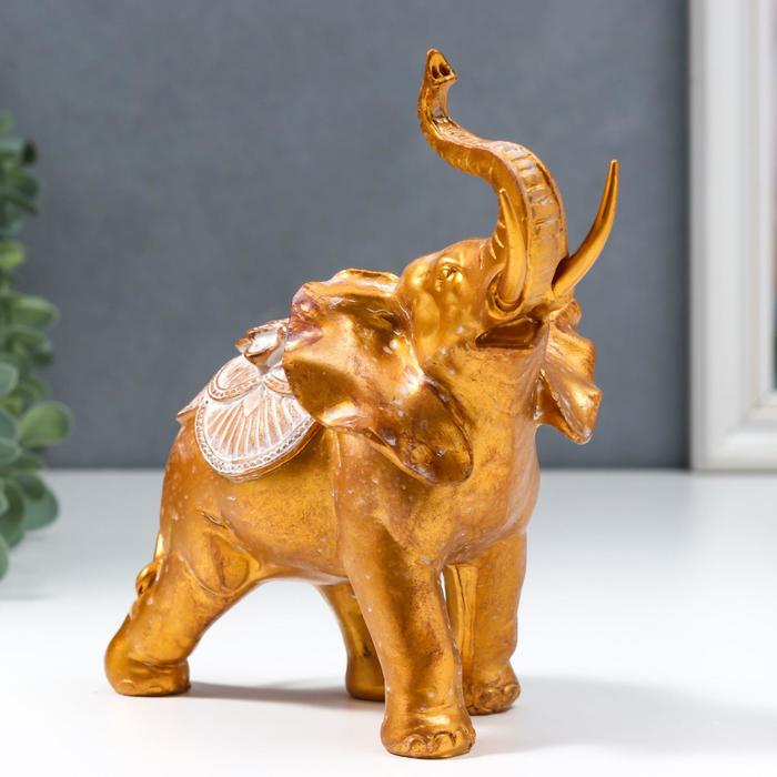 фото Сувенир полистоун "африканский слон с цветком на попоне" под бронзу 17х8,5х17 см