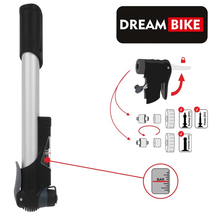 Насос ручной Dream Bike, с манометром, цвет серый
Насос ручной Dream Bike, с манометром, цвет серый