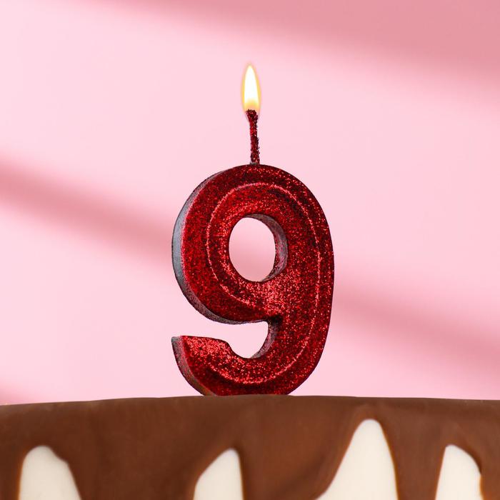 Свеча в торт "Грань", цифра 9, черная с красными блестками, 7.8 см