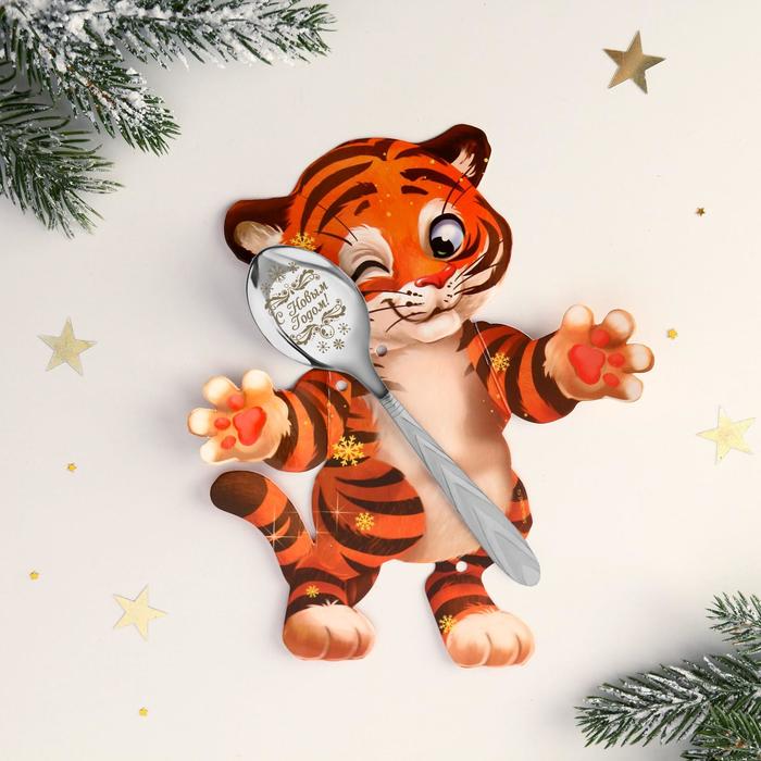 фото Ложка на открытке "тигр", 3 х 14 см