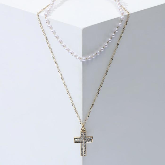 Кулон "Цепь" нить из жемчуга, крест широкий, цвет белый в золоте, L=43 
Кулон "Цепь" нить из жемчуга, крест широкий, цвет белый в золоте, L=43
