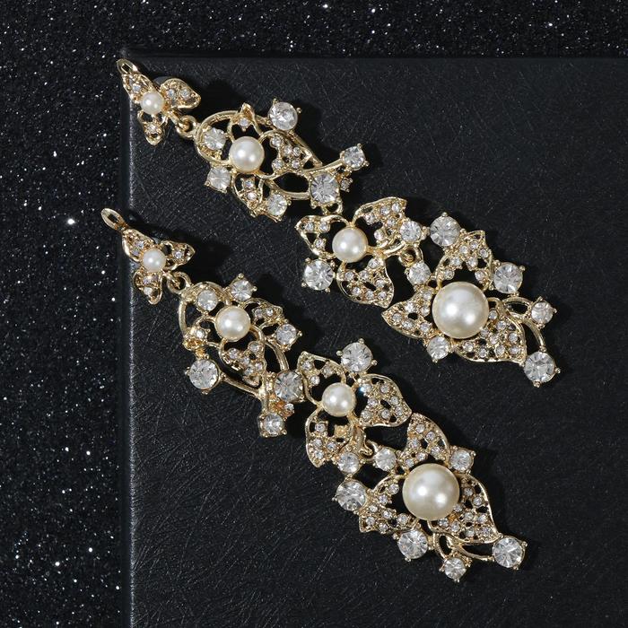 Серьги с жемчугом "Вечерние" цветы, цвет белый в золоте