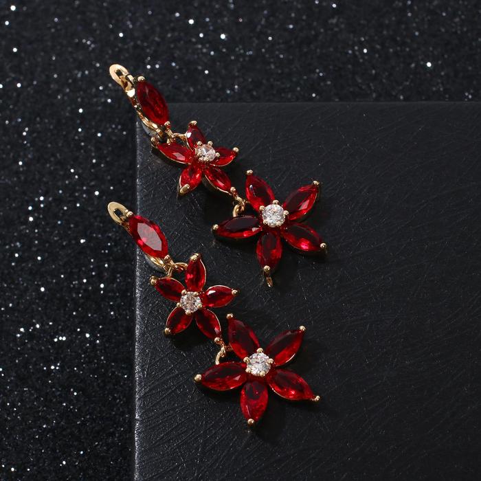 Серьги со стразами "Вечерние" роскошные цветы, цвет бело-бордовый в золоте