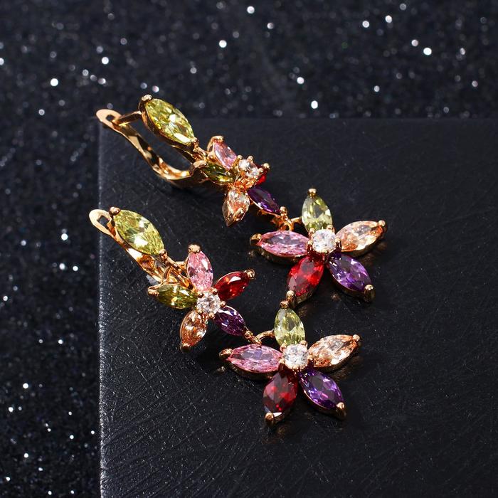 Серьги со стразами "Вечерние" роскошные цветы, цветные в золоте