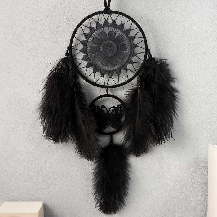 Ловец снов 2 кольца "Ажурный цветок и бабочка" чёрный d=8 см, d=15 см 53х15 см
Ловец снов 2 кольца "Ажурный цветок и бабочка" чёрный d=8 см, d=15 см 53х15 см