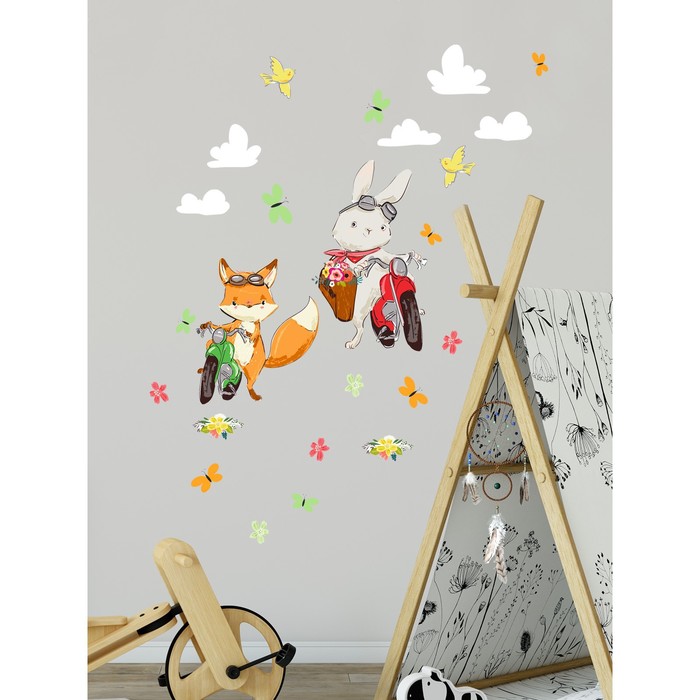 Интерьерные наклейки "Зайка и лисичка на мотоцикле" 36х128 см разноцветный 
Интерьерные наклейки "Зайка и лисичка на мотоцикле" 36х128 см разноцветный