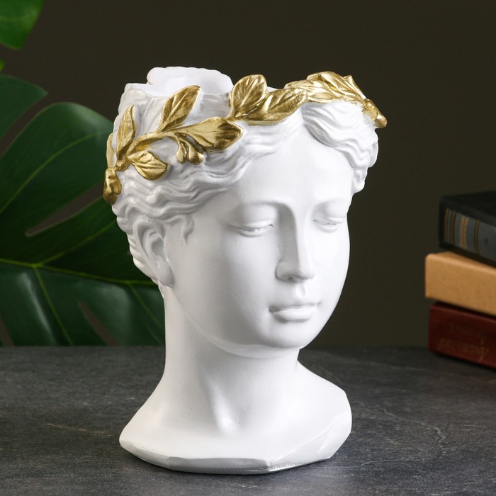 фото Кашпо - органайзер "голова венеры" белая с золотым венком 22х15,5см хорошие сувениры