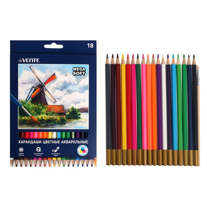 Карандаши акварельные 18 цветов, deVENTE Trio Mega Soft, 3 мм, шестигранные, в картонной коробке 
Карандаши акварельные 18 цветов, deVENTE Trio Mega Soft, 3 мм, шестигранные, в картонной коробке
