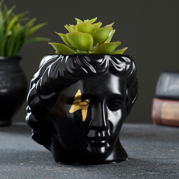 фото Кашпо - органайзер "голова давида" черная с золотом, 11х10х11см хорошие сувениры