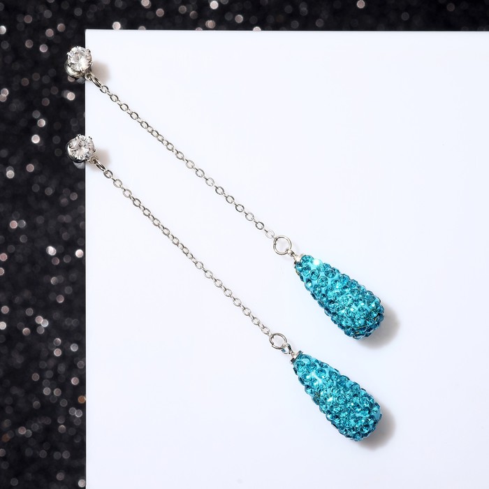 Серьги висячие со стразами "Студио" цепочка, цвет голубой в серебре