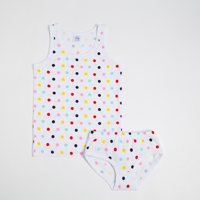 Комплект (майка,трусы) для девочки, цвет белый/принт горох, рост 122 см 
Комплект (майка,трусы) для девочки, цвет белый/принт горох, рост 122 см