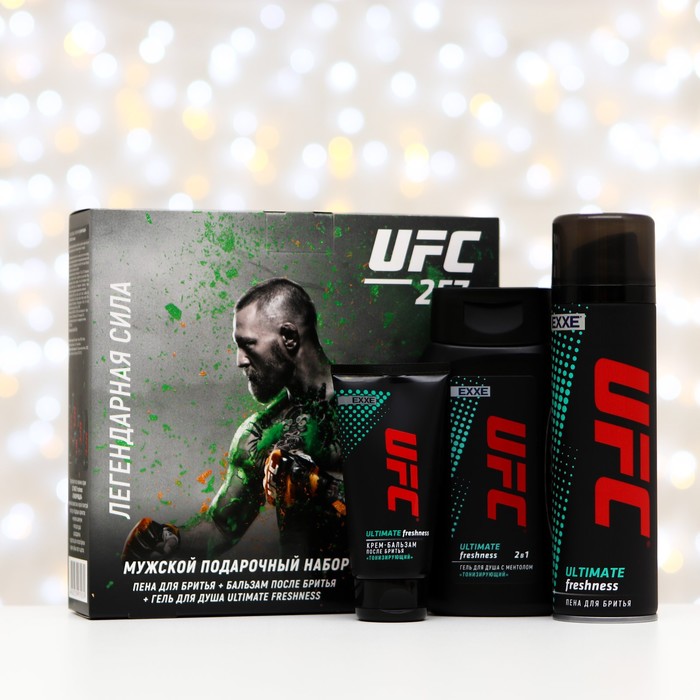 Подарочный набор Exxe UFC Конор МакГрегор: пена для бритья, 200 мл + бальзам после бритья, 75 мл + гель для душа, 250 мл
Подарочный набор Exxe UFC Конор МакГрегор: пена для бритья, 200 мл + бальзам после бритья, 75 мл + гель для душа, 250 мл