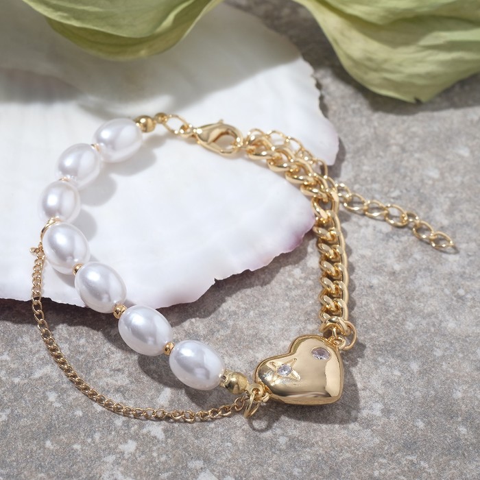 Браслет "Цепь" сердце с рисунком, цвет белый в золоте, 18см 
Браслет "Цепь" сердце с рисунком, цвет белый в золоте, 18см