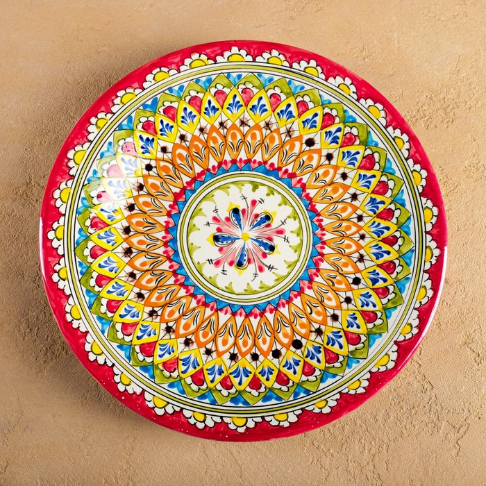 фото Тарелка риштанская керамика "узоры", 28 см, разноцветная микс шафран