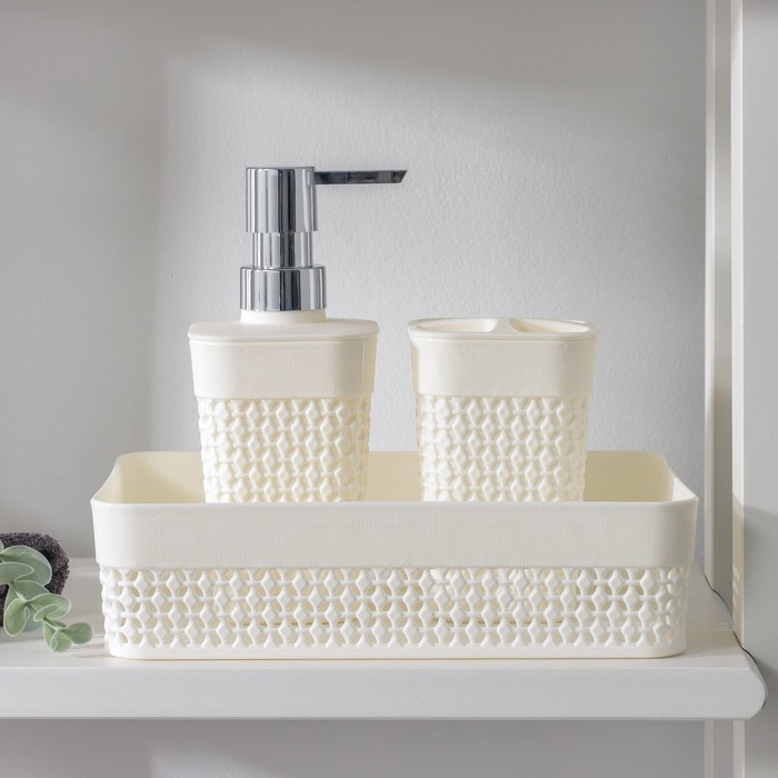 Набор аксессуаров для ванной комнаты OSLO Mini, 3 предмета (органайзер А5, дозатор, стакан), цвет молочный
Набор аксессуаров для ванной комнаты OSLO Mini, 3 предмета (органайзер А5, дозатор, стакан), цвет молочный