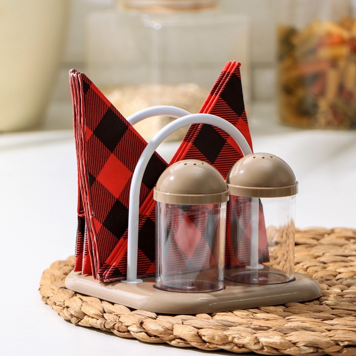 Набор для специй с подставкой для салфеток, 2×50 мл, цвет мокко
Набор для специй с подставкой для салфеток, 2×50 мл, цвет мокко