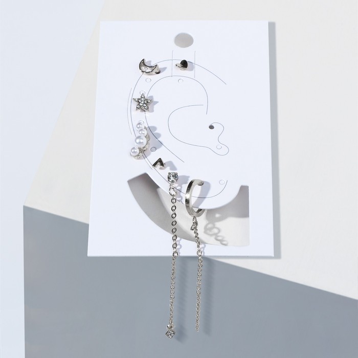 Набор 7 серёг и 1 каффа "Цацки" сердечко, полумесяц, звезда, цвет белый в серебре
Набор 7 серёг и 1 каффа "Цацки" сердечко, полумесяц, звезда, цвет белый в серебре