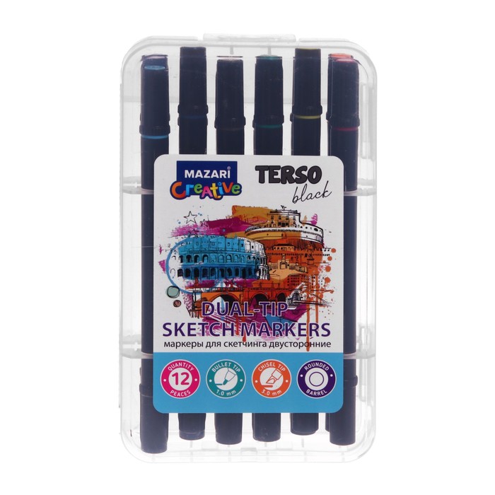 Маркеры для скетчинга двусторонние Mazari Terso Black, 12 цветов, Pastel+Flou colors (пастельные + флуоресцентные цвета)
Маркеры для скетчинга двусторонние Mazari Terso Black, 12 цветов, Pastel+Flou colors (пастельные + флуоресцентные цвета)