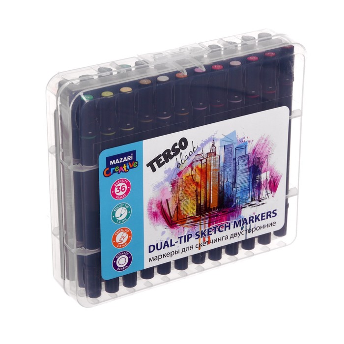 Маркеры для скетчинга двусторонние Mazari Terso Black, 36 цветов 
Маркеры для скетчинга двусторонние Mazari Terso Black, 36 цветов