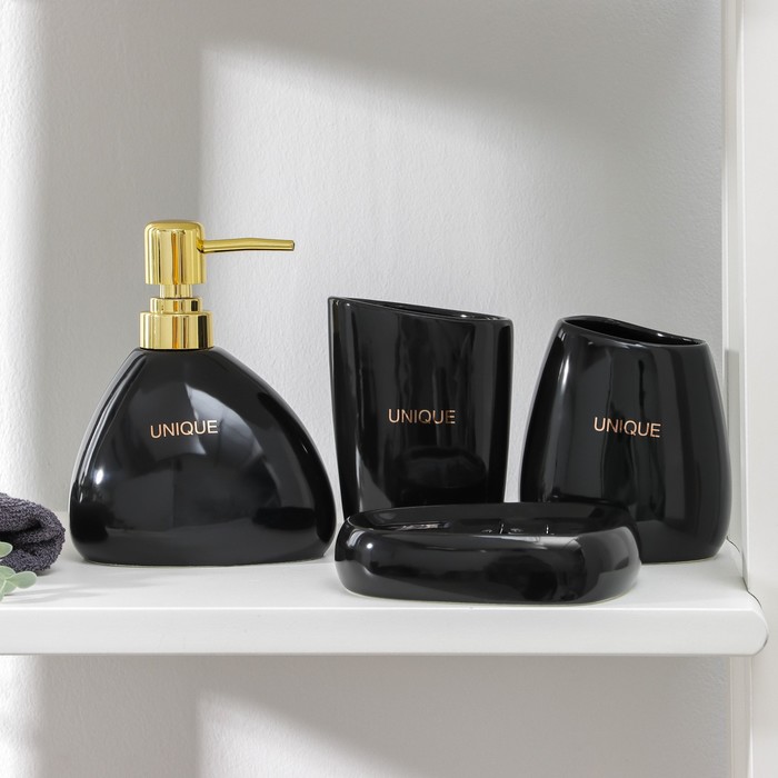 Набор аксессуаров для ванной комнаты «Венера», 4 предмета (мыльница, дозатор 350 мл, 2 стакана), цвет чёрный
Набор аксессуаров для ванной комнаты «Венера», 4 предмета (мыльница, дозатор 350 мл, 2 стакана), цвет чёрный