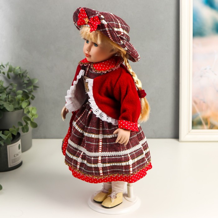 фото Кукла коллекционная керамика "инга в красном, платье в горох и клетку"" 40 см