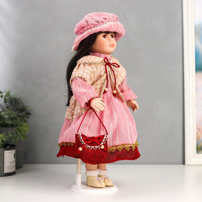 фото Кукла коллекционная керамика "ксюшенька в платье в клетку цвета пыльной розы" 40 см